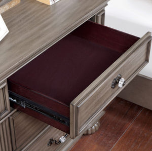 Bella Traditional Gray Nightstand Wooden drawer with a dark interior on a wooden cabinet.