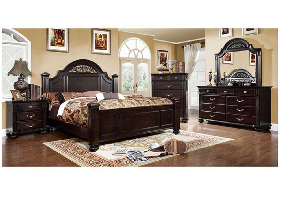 Bella Traditional Dark Walnut Bedroom Collection Wooden bedroom set with bed, dresser, and decor in a room with a large window.