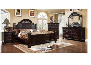 Bella Traditional Dark Walnut Bedroom Collection Set Dark wood bedroom set with bed, dresser, and nightstands in a room with decorative elements.