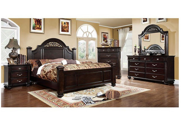 Bella Traditional Dark Walnut Bedroom Collection Set Dark wood bedroom set with bed, dresser, and nightstands in a room with decorative elements.