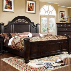 Bella Traditional Dark Walnut Bedroom Collection Wooden bedroom set with bed, dresser, and decor in a room with a large window.