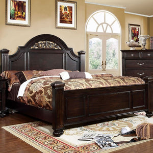 Bella Traditional Dark Walnut Bedroom Collection Wooden bedroom set with bed, dresser, and decor in a room with a large window.