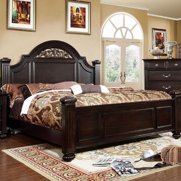Bella Traditional Dark Walnut Bedroom Collection Wooden bedroom set with bed, dresser, and decor in a room with a large window.