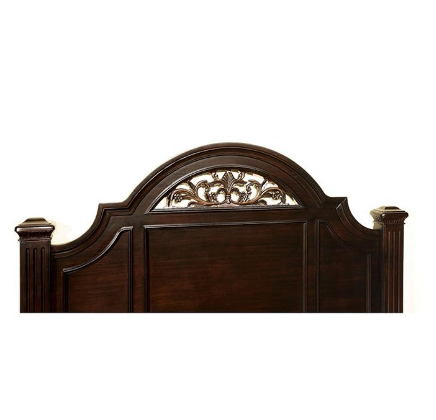 Bella Traditional Dark Walnut Bedroom Collection Wooden bedroom set with bed, dresser, and decor in a room with a large window.