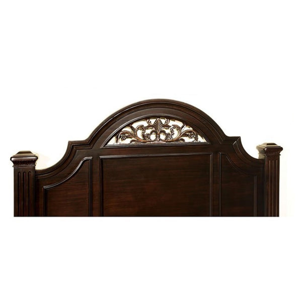 Bella Traditional Dark Walnut Bedroom Collection Wooden headboard with decorative carvings on a white background