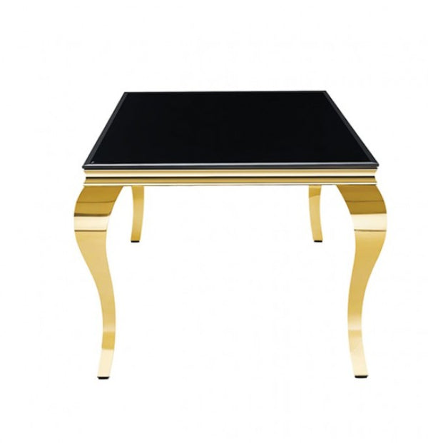 Betsy Black Glass Top Modern Dining Table A modern square side table with a glossy black glass top and a polished gold metal frame with curved cabriole-style legs, shown against a plain white background.