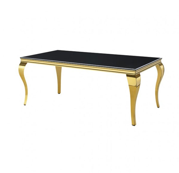 Betsy Black Glass Top Modern Dining Table A luxury dining table featuring a glossy black rectangular top with a thin gold trim, supported by four ornate, curved gold legs.