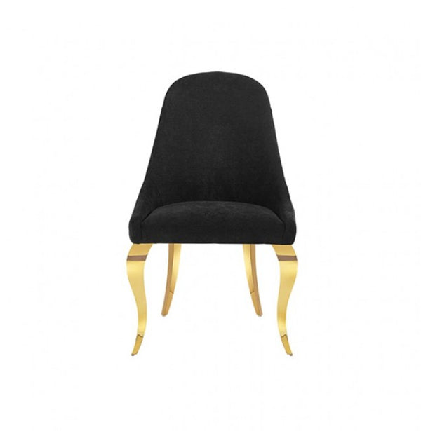 Betsy Black Upholstered Modern Chair (2/CTN) A modern dining chair with a black upholstered seat and backrest, supported by four curved gold metal legs, shown against a plain white background.
