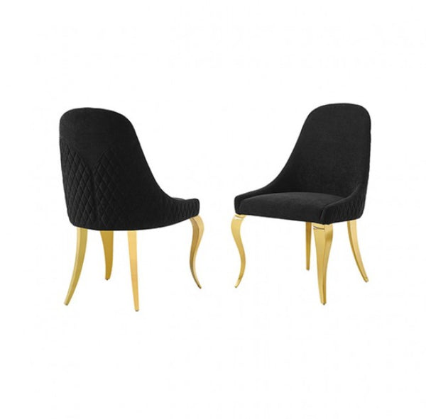 Betsy Black Upholstered Modern Chair (2/CTN) Two modern dining chairs with black quilted velvet upholstery and curved gold metal legs, shown from the back and side angles on a white background.
