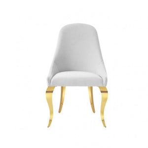 Betsy White Upholstered Modern Chair (2/CTN) A modern dining chair with a light gray upholstered seat and curved gold metal legs, shown against a plain white background.