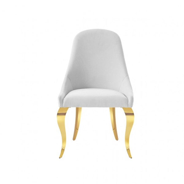 Betsy White Upholstered Modern Chair (2/CTN) A modern dining chair with a light gray upholstered seat and curved gold metal legs, shown against a plain white background.