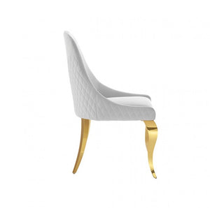 Betsy White Upholstered Modern Chair (2/CTN) A modern dining chair with a white quilted upholstered seat and backrest, supported by elegant curved gold metal legs, shown against a plain white background.