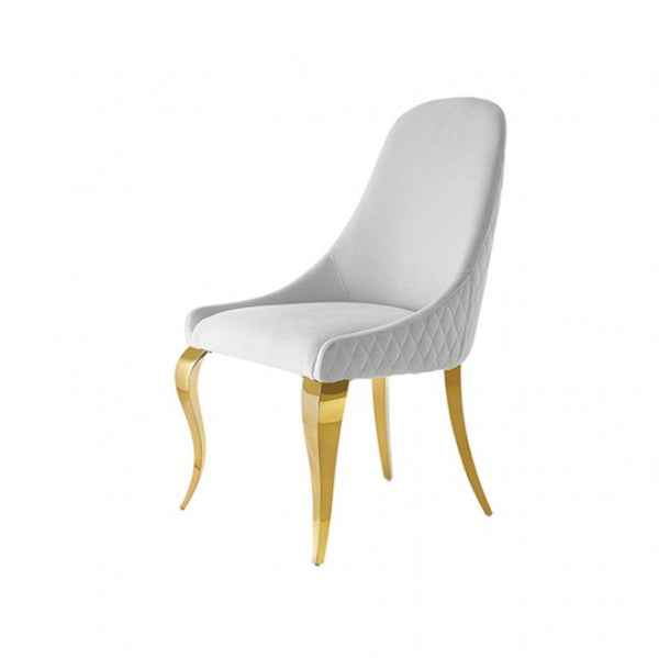 Betsy White Upholstered Modern Chair (2/CTN) A modern dining chair with a light gray quilted velvet upholstered seat and curved backrest, supported by four glossy gold curved legs, shown against a plain white background.