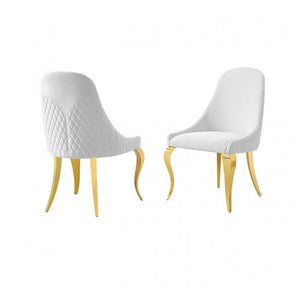 Betsy White Upholstered Modern Chair (2/CTN) Two modern dining chairs with white quilted upholstery and curved gold legs, shown from front and back angles on a plain white background.