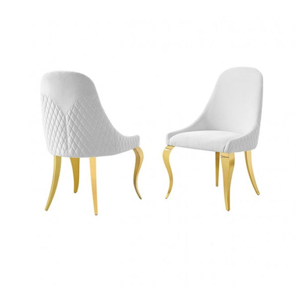 Betsy White Upholstered Modern Chair (2/CTN) Two modern dining chairs with white quilted upholstery and curved gold legs, shown from front and back angles on a plain white background.