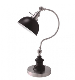 Blayr Curved Stem Industrial Style Table Lamp A modern industrial-style table lamp with a matte black dome shade, a flexible brushed silver metal neck, and a round silver base, shown against a plain white background.