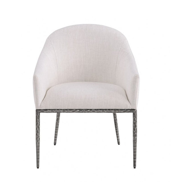 Bojani White Gunmetal Upholstered Arm Chair Beige chair with metal legs on a white background