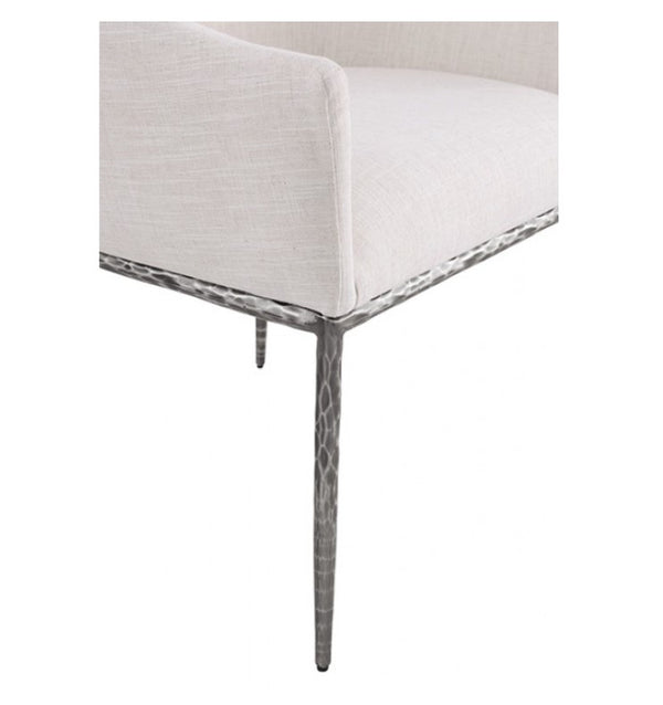 Bojani White Gunmetal Upholstered Arm Chair Chair with white cushioned seat and backrest on a white background