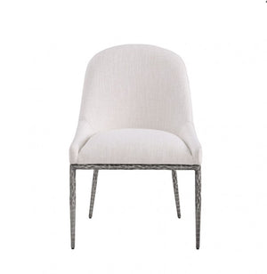 Bojani White Gunmetal Upholstered Chair White upholstered chair with metal legs on a white background