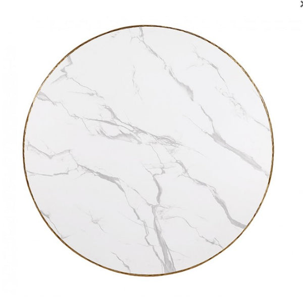 Bojani White Marble Melamine Matte Gold Round Table Round marble-patterned coaster with gold rim on a white background