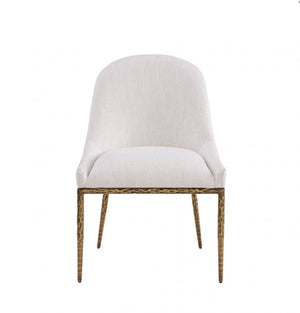 Bojani White Matte Gold Upholstered Chair White upholstered chair with wooden legs on a white background