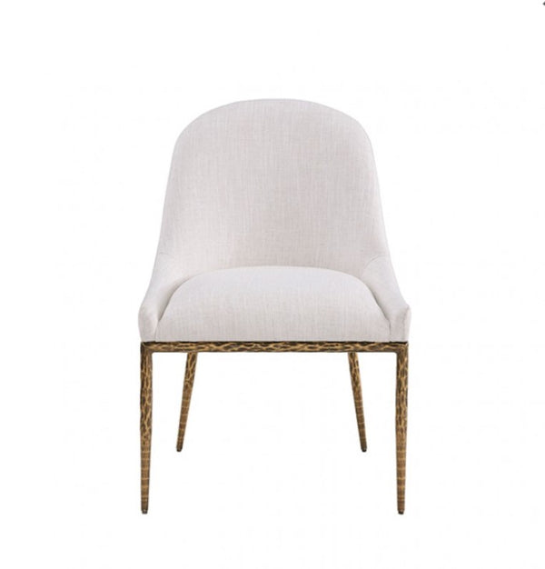 Bojani White Matte Gold Upholstered Chair White upholstered chair with wooden legs on a white background