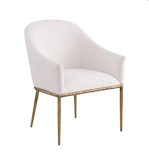 Bojani White Matte Gold Upholstered Arm Chair White upholstered chair with gold metal legs on a white background