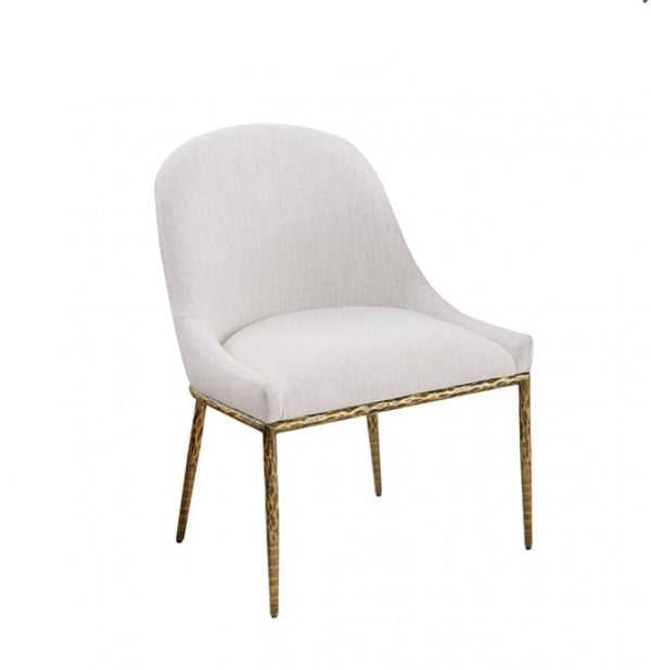 Bojani White Matte Gold Upholstered Chair White upholstered chair with gold legs on a white background