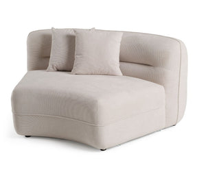 Boniser Modern Curved Off White Sectional Sofa A modern curved corner daybed upholstered in a textured light beige fabric, featuring two matching square throw pillows, shown on a plain white background.