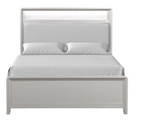 Borch Contemporary Champagne Finish Bookcase Bed with Built In USB Ports & LED Lighting A modern light gray upholstered bed frame with a tall rectangular headboard and matching footboard, shown with white bedding and two pillows on a plain white background.