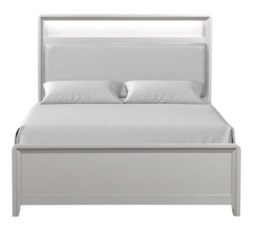 Borch Contemporary Champagne Finish Bookcase Bed with Built In USB Ports & LED Lighting A modern light gray upholstered bed frame with a tall rectangular headboard and matching footboard, shown with white bedding and two pillows on a plain white background.