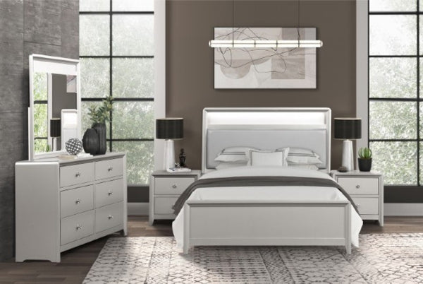 Borch Contemporary Champagne Finish Bookcase Bed with Built In USB Ports & LED Lighting Modern bedroom set with bed, dresser, and nightstands in a well-lit room.