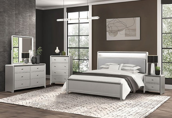 Borch Contemporary Champagne Finish Bookcase Bed with Built In USB Ports & LED Lighting A modern bedroom furniture set in a staged room, featuring a light gray bed frame, matching nightstand, dresser, and chest, along with a patterned rug and dark brown accent wall.