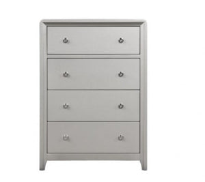 Borch Contemporary Champagne Finish Chest A four-drawer chest of drawers in a light gray finish, featuring small round metallic knobs on each drawer front, set against a plain white background.