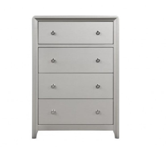 Borch Contemporary Champagne Finish Chest A four-drawer chest of drawers in a light gray finish, featuring small round metallic knobs on each drawer front, set against a plain white background.
