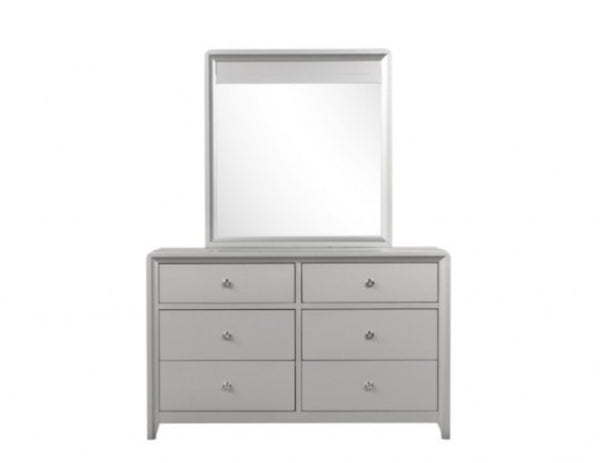 Borch Contemporary Champagne Finish Dresser A light gray six-drawer dresser with a matching rectangular mirror, shown against a plain white background.
