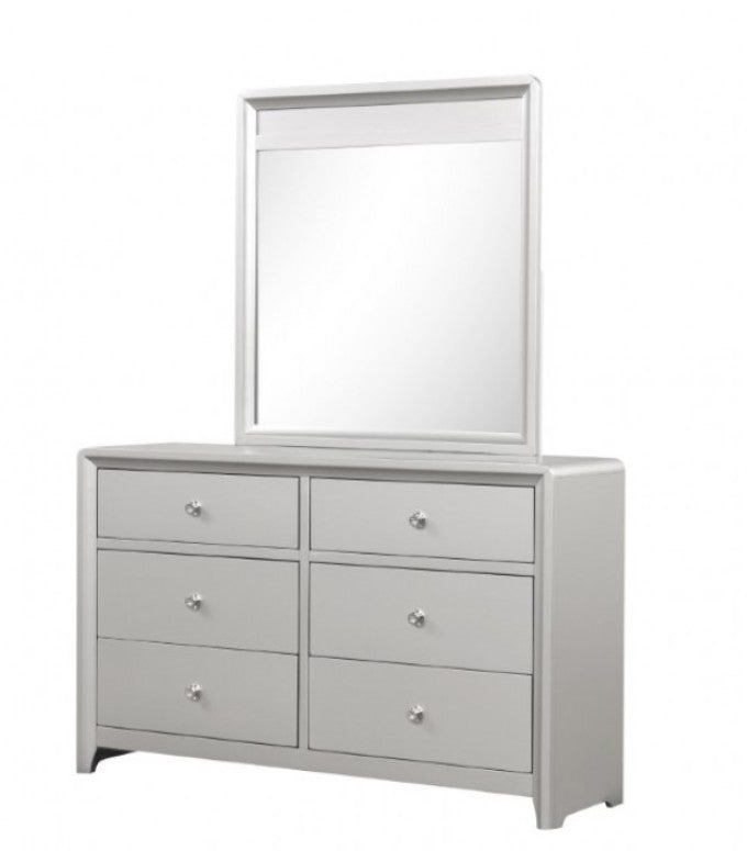 Borch Contemporary Champagne Finish Dresser Gray dresser with mirror and decorative items in a room setting