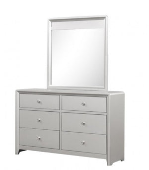 Borch Contemporary Champagne Finish Dresser A light gray six-drawer dresser with small round silver knobs and a matching rectangular mirror, shown on a plain white background.