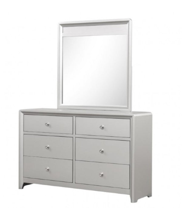 Borch Contemporary Champagne Finish Dresser A light gray six-drawer dresser with small round silver knobs and a matching rectangular mirror, shown on a plain white background.
