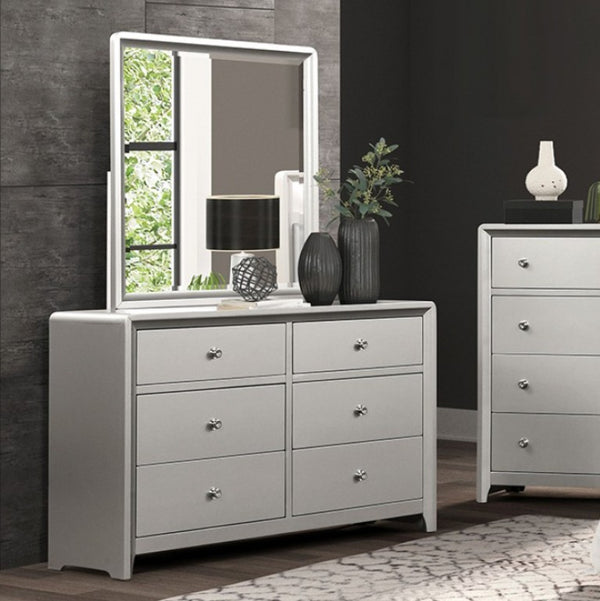 Borch Contemporary Champagne Finish Dresser Gray dresser with mirror and decorative items in a room setting