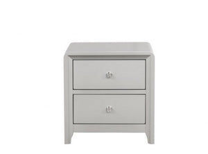 Borch Contemporary Champagne Finish Nightstand A light gray two-drawer nightstand with silver knobs, shown from a front-facing perspective on a solid white background.