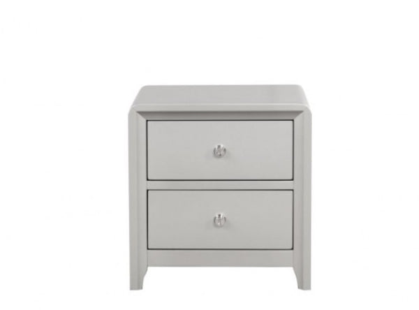 Borch Contemporary Champagne Finish Nightstand A light gray two-drawer nightstand with silver knobs, shown from a front-facing perspective on a solid white background.