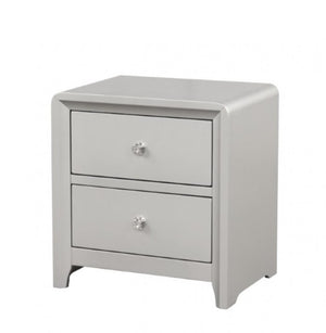 Borch Contemporary Champagne Finish Nightstand A light gray two-drawer nightstand with rounded edges and small silver knobs, shown on a plain white background.