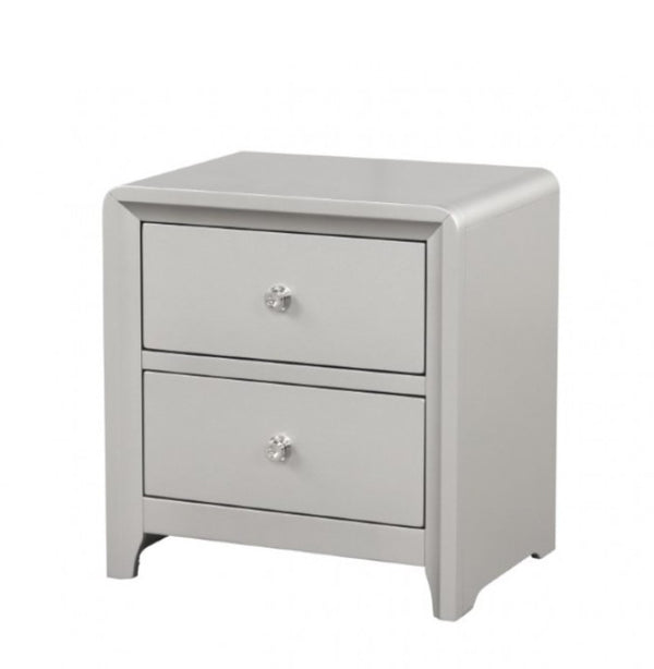 Borch Contemporary Champagne Finish Nightstand A light gray two-drawer nightstand with rounded edges and small silver knobs, shown on a plain white background.