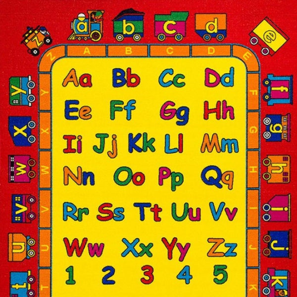 Brightstar ABC Train Red Kids 5x8 Area Rug Children's alphabet rug with colorful letters and numbers on a red border.