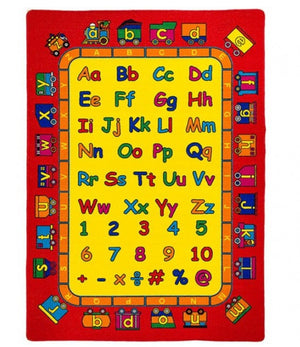 Brightstar ABC Train Red Kids 5x8 Area Rug Children's educational rug with letters and numbers on a red background