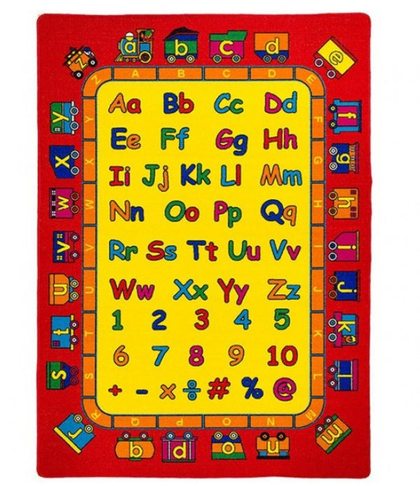 Brightstar ABC Train Red Kids 5x8 Area Rug Children's educational rug with letters and numbers on a red background