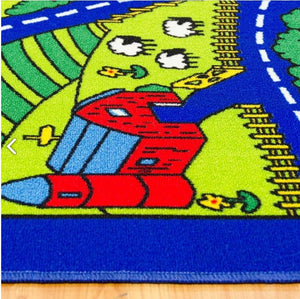 Brightstar City Roads Kids 5x8 Area Rug Colorful children's rug with cartoon character on a wooden floor