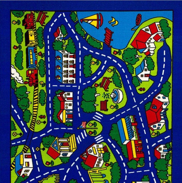Brightstar City Roads Kids 5x8 Area Rug Colorful children's rug with road design and houses on a blue border