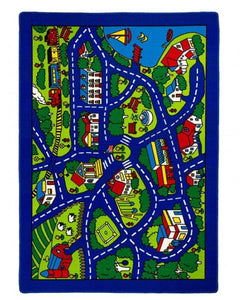 Brightstar City Roads Kids 5x8 Area Rug Colorful children's rug with road and vehicle pattern on a blue border